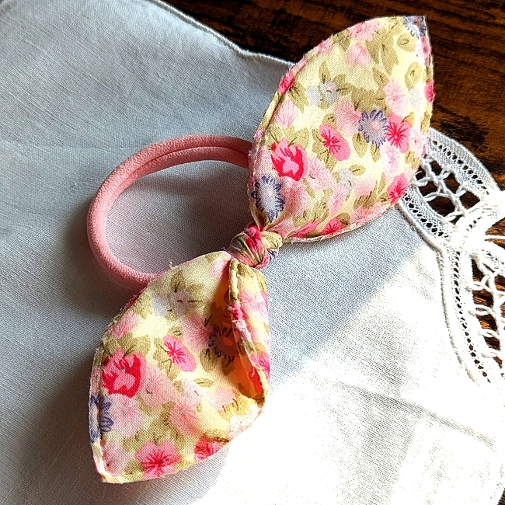 Handmade Bow Hair Tie With Pink Flowers